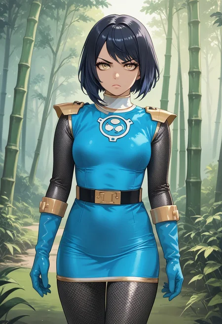 score_9, score_8_up, score_7_up, BREAK,
1girl, solo, BREAK,
sentaikageblue, shiny clothes, spandex, BREAK,
silver bodysuit, fishnet bodysuit, bodysuit under clothes, aqua dress, shoulder pads, aqua skirt, black belt, BREAK,
aqua gloves, no headwear, BREAK,
ku70u5a4a, dark hair, short hair, yellow eyes, medium breasts, thick thighs, BREAK,
standing, serious, BREAK,
dutch angle, outdoors, forest, bamboo, evening,