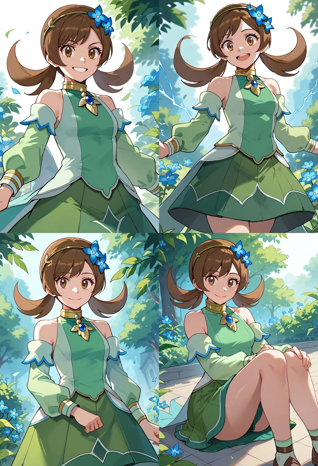 __femalePosesWildcard400_v10/female-poses__, smile, solo, 1girl, <lora:LyraPony-10:1> Lyra_Sygna, long hair, brown hair, twintails, yellow hairband, hair flower, flower, blue flower, brown eyes, dress, green dress, skirt, green skirt, bare shoulders, detached sleeves,, score_9, score_8_up, score_7_up, score_6_up, score_5_up, score_4_up,