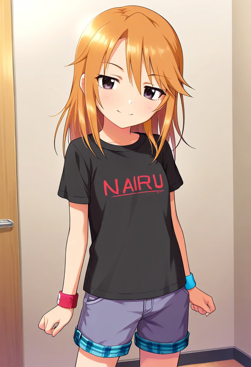 masterpiece,best quality,amazing quality, yuuki haru, orange hair, brown eyes, 1girl, solo, smile, shirt, looking at viewer, wristband, black shirt, shorts, t-shirt, long hair