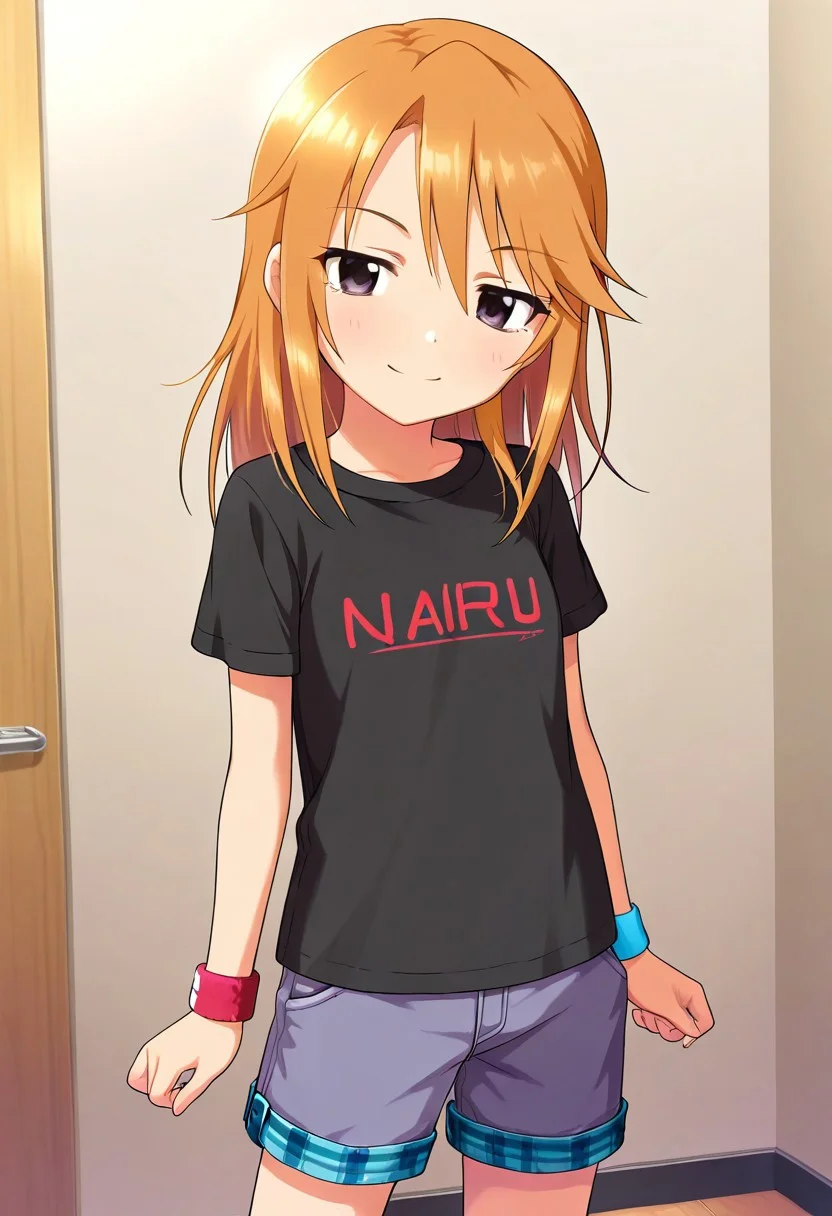 masterpiece,best quality,amazing quality, yuuki haru, orange hair, brown eyes, 1girl, solo, smile, shirt, looking at viewer, wristband, black shirt, shorts, t-shirt, long hair
