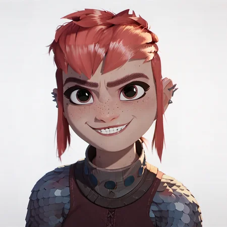 score_9, score_8_up, score_7_up,score_6_up, score_5_up, highly detailed, lighting and shadowing, high res,1girl,dress, armor, looking at the viewer, face, simple background, white background, evil smile,
<lora:nimonaPonyv4L:1>,