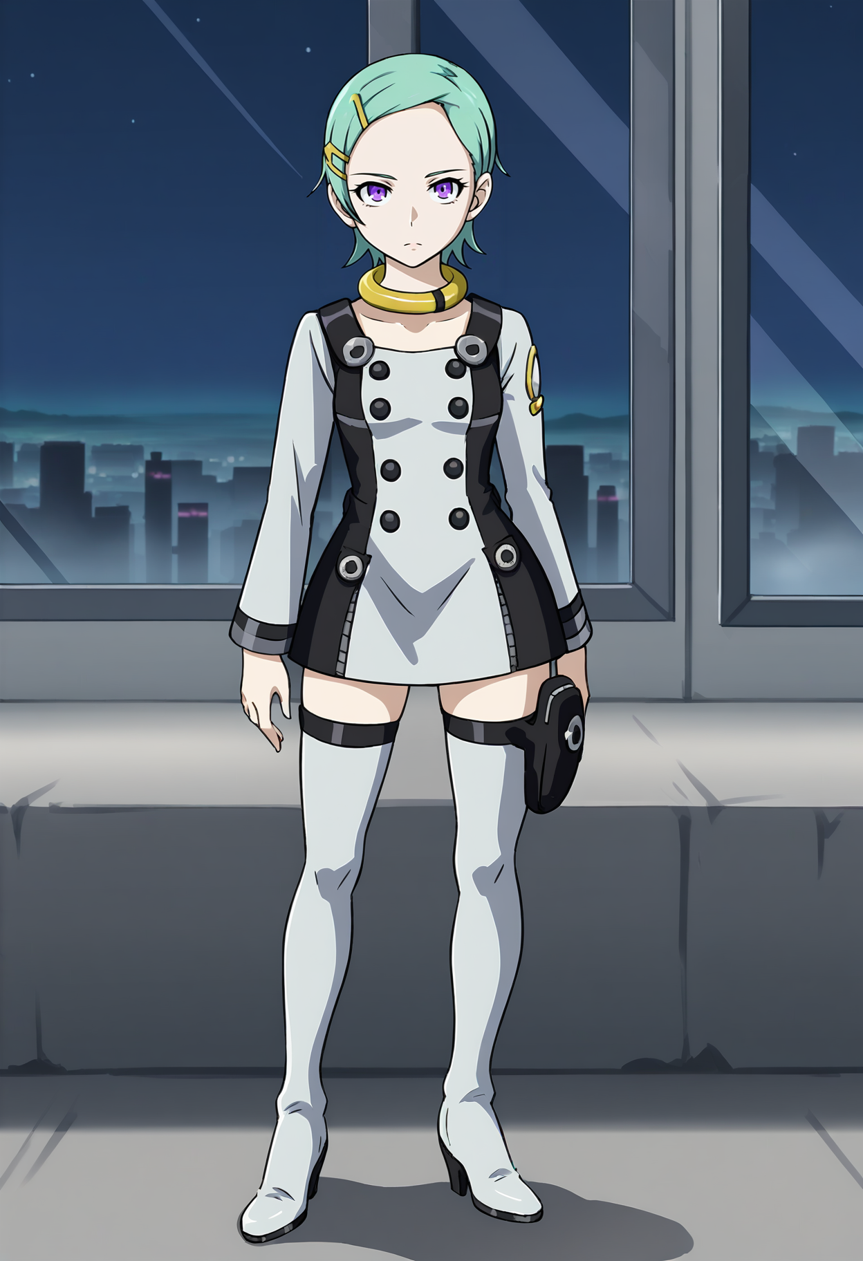1girl, solo, EUREKE7, purple eyes, hairclip, hair ornament, collar, black_grey_M1l1tery, thighhighs, holster, thigh boots, grey footwear, high heels, <lora:Eureka - Eureka Seven V5-000020:1>, standing, cowboy shot, looking at viewer, bedroom, window, cityscape, expressionless, night