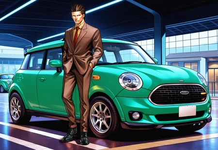 masterpiece, best quality, amazing quality, very aesthetic, absurdres, newest, noir_style, jhunterilxl, 1boy, male focus, hair slicked back, brown hair, brown suit, red necktie, yellow shirt, black shoes, toned male, brown eyes, mature male, tall, long legs, car park, green mini cooper, mini cooper car, athletic build
