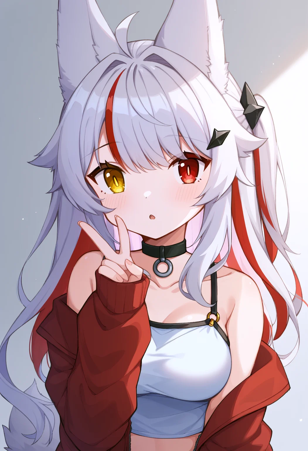 [score_9, score_8_up, score_7_up, score_6_up, score_5_up, score_4_up::0.2], 
white background, 
BREAK
1girl, solo, heterochromia, yellow eyes, red eyes, 
long hair, multicolored hair, two-tone hair, colored inner hair, streaked hair, white hair, (red hair:0.6), 
ahoge, hair flaps, hair intakes, sidelocks, one side up, 
fox girl, fox ears, fox tail, animal ear fluff, light blush, parted lips, shy, 
bare shoulders, collarbone, medium breasts, midriff, 
hair ornament, black choker, o-ring choker, o-ring, crop top, off shoulder, two-sided fabric, red jacket, open jacket, long sleeves, spaghetti strap, white camisole, sleeveless shirt, 
looking at viewer, (from above:0.8), fisheye, upper body, dutch angle, perspective, close-up, 
(leaning forward:0.8), standing, hand up, v, (from side:0.6), 
<lora:DevVoxy-P2v2-PDXL:1>