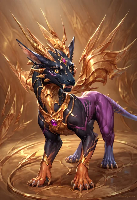 score_9, score_8_up, score_7_up, score_6_up, solo, masterpiece, ultradetailed, by reallynxgirl, Eothos, Furry dragon,((feral)), close-up, full body, fangs, ((shiny gold eyes without pupils)), detailed background