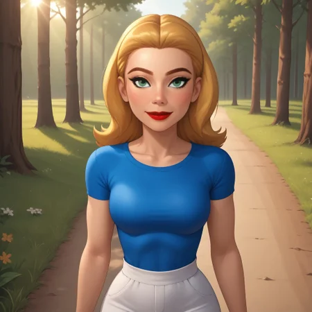 score_9, score_8, BREAK, solo, mii, wii, wii sports, 1girl, female mii, cute, attractive, blonde hair, auburn eyebrows, makeup, blush, blue eyeshadow, red lips, lipstick, dark blue clothing, white pants, shoes, breasts, nintendo mii, modern_mii, classic_mii, Bella_(OC_Mii), green eyes, sexy pose, smile, outdoors, sunlight, shadows, evening lighting, natural lighting, forest, trees, grass, orange sky, sunset, full body