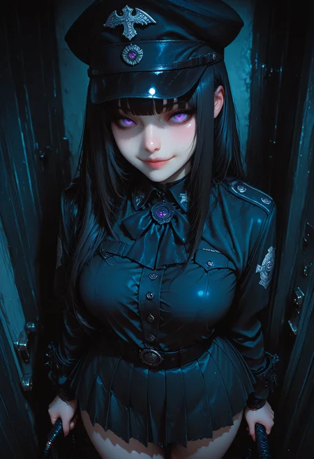 hyper detailed,masterpiece,best quality,amazing quality,very aesthetic,absurdres,newest,indoor,dark,gothic,
BREAK
three quarter view,cowboy shot,1girl,looking at viewer,light smile,H31r3ss,cute face,black hair,purple eyes,face focus,morimee_style,jewelry,black military uniform,pleated skirt,military hat,standing,holding a whip <lora:MoriiMee_Gothic_Niji_Style_Illustrious_r1:0.8><lora:H31r3ss:1>