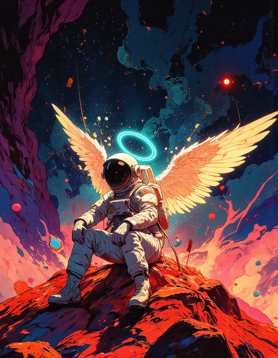 lone astronaut sitting on the surface of Mars, wearing a detailed vintage spacesuit. A glowing neon cyan halo hovers above their helmet, and angel wings emerges from their back. The scene is lit with cinematic lighting. Sci-fi realism , and retro-futuristic aesthetics, multiple references, magic particles, CharacterDesignFLUX, from side,