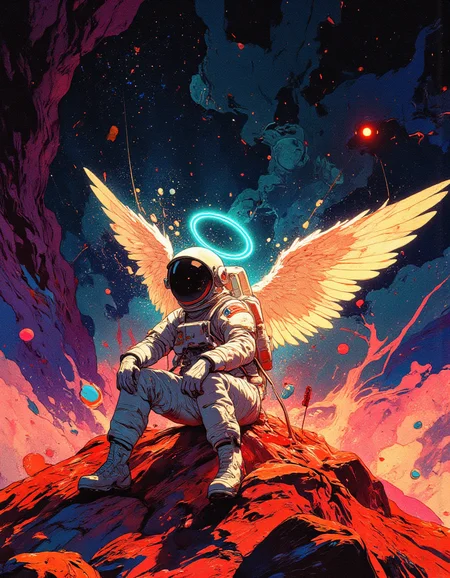 lone astronaut sitting on the surface of Mars, wearing a detailed vintage spacesuit. A glowing neon cyan halo hovers above their helmet, and angel wings emerges from their back. The scene is lit with cinematic lighting. Sci-fi realism ,  and retro-futuristic aesthetics, multiple references, magic particles, CharacterDesignFLUX, from side,