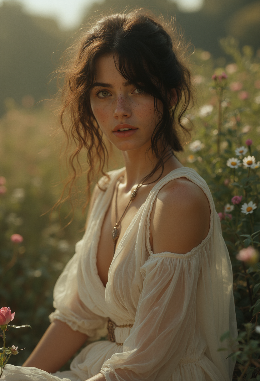 cinematic film still fantasy art, woman , young roman goddess flora, delicate natural beauty. She has soft slightly messy dark hair that frames her face with loose strands ,casual carefree charm, light freckles across her cheeks and nose, youthful and endearing ,  A light flowing tunic made of sheer soft fabric, slim white body, pale skin, curvy body, athletic body, blush, slim waist, seductive image, serene smile, untouched beauty, clear, lively, detailed face, upper body accent, realistic, ,sfw, surrounded by blooming flowers and vines, sitting gracefully, ethereal light, background of a lush, enchanted meadow, beautiful goddess of spring
vibrant, hdr, Italian
<lora:flux.1_lora_flyway_Epic-detail_v2:0.65>   <lora:ARTifacts:0.5> art1fact . shallow depth of field, vignette, highly detailed, high budget, bokeh, cinemascope, moody, epic, gorgeous, film grain, grainy