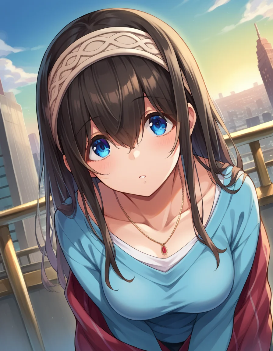 score_9, score_8_up, score_7_up, source_anime,
fumikasagisawa, <lora:fumika-sagisawa-ponyxl-lora-nochekaiser:1>,
fumika sagisawa, blue eyes, black hair, hairband, long hair, hair over eyes,
blue sweater, collarbone, jewelry, necklace, shawl, sweater,
outdoors, cityscape, bent over,
looking at viewer, dutch angle, cowboy shot,