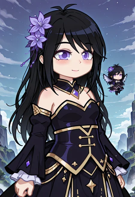 masterpiece,best quality,amazing quality, gelufant, gelufantgacha, gacha, girl, black hair, hair flower, hair ornament, purple eyes, detached sleeves,