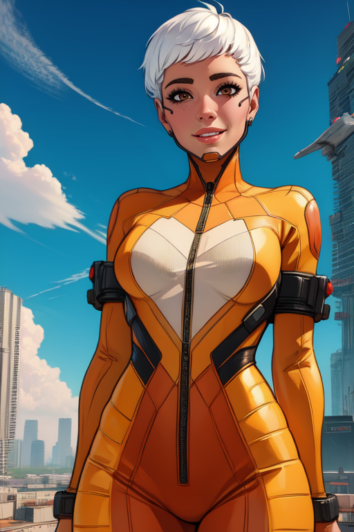 Valk, white hair, short hair, brown eyes, 
orange bodysuit,  
smile,   tight, 
 upper body,  standing,    cowboy shot, 
 outside, clouds,  cyberpunk,  airbase, 
 (insanely detailed, beautiful detailed face, masterpiece, best quality) solo,  <lora:ValkAPL:0.7>