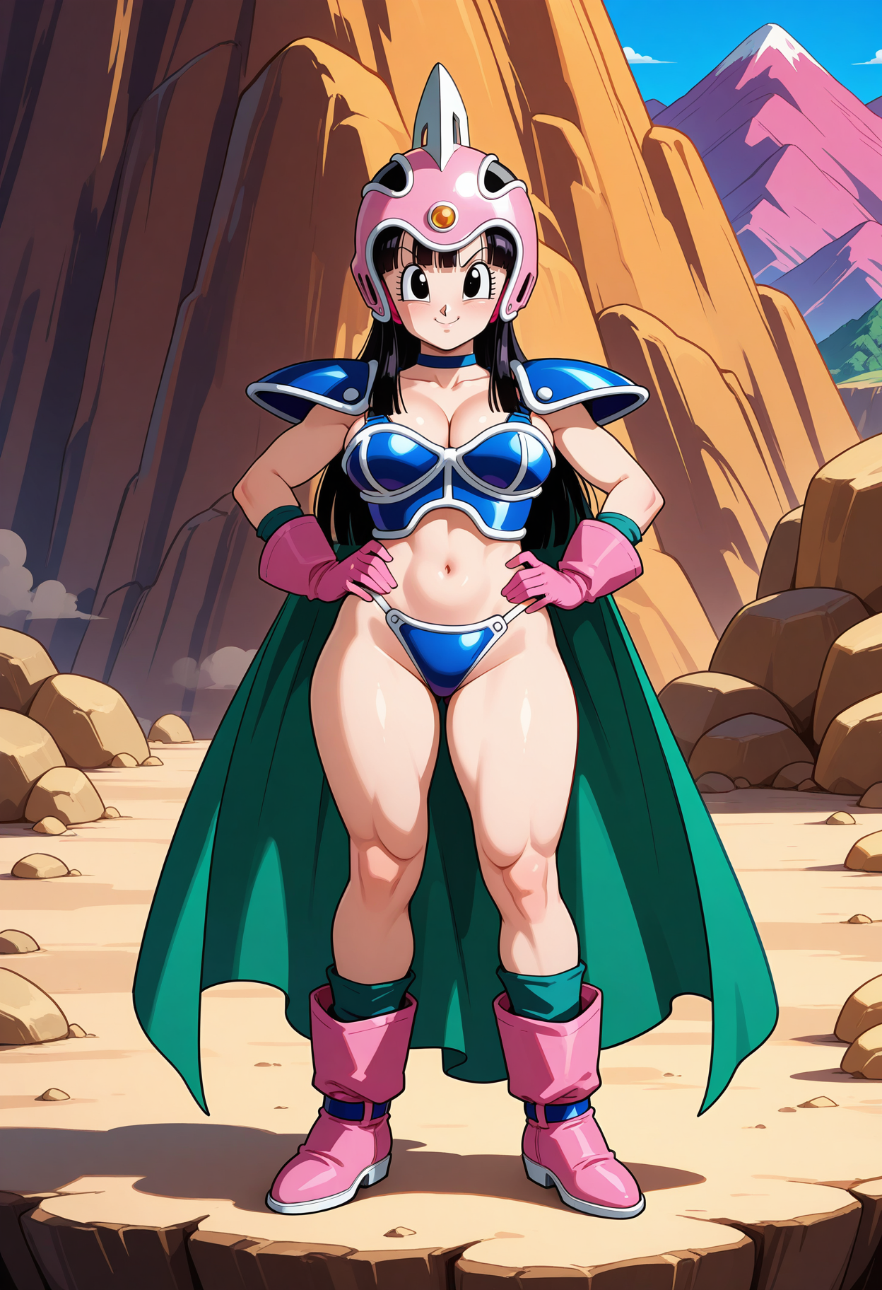1girl, solo, smile, full body, looking at viewer, mature female
chichilo, black long hair, black eyes, large breasts, choker, shoulder armor, pink boots, pink gloves, blue bikini armor, green cape, chi-chi \(dragon ball\), slugger Helmet
BREAK outdoors, mountain, rock, day, shadow, seductive pose,
<lora:chichilo_IL:0.8>