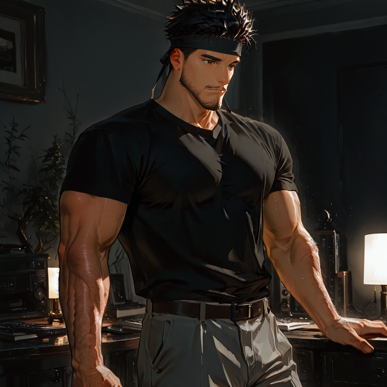 <lora:Amir_Etta_Junior-000005:.75>, amirrama, 1boy, black hair, spiked hair, brown eyes, facial hair, headband, solo, male focus, manly, mature male, shirt, pants
cowboy shot, 
(very short hair), male focus, muscular male, large pectorals, muscular male, bara, mature, (hairy body, hairy, body hair, arm hair, leg hair, hairy body, glossy skin, bara, mature, facial hair, beard, full beard, sideburn, mustache, stubble), facial hair, bara, mature, body hair, aixiwuganda_(20222192), very awa, masterpiece, best quality, absurdres, newest, perfect quality, detailed background, intricate details,<lora:slider_Body Type_alpha1.0_rank4_noxattn_last:2><lora:Anime Summer Days 2 Style SDXL_LoRA_Pony Diffusion V6 XL:.6><lora:merged:.7>, DARK, DARK BACKGROUND, LOW-KEY LIGHTING <lora:slider_cfg_scale_boost:.7><lora:Artist6p:.55>, Artist6p, Artist04p,<lora:slider_il_brightness_slider_d1:-.5><lora:slider_il_contrast_slider_d1:-.25>,<lora:slider_contract_controller_illus01_v1:.3>, <lora:addon_illustriousXLv01_stabilizer_v1.121:.5>,<lora:slider_DarkSlider1.2_alpha1.0_rank16_full_300steps:-.2><lora:Heavenly_Beauty_r1:1>, (heavenlybeauty,)<lora:slider_style_strength_controller_illus01_v1:.25>