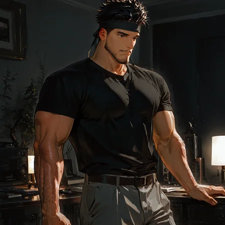 <lora:Amir_Etta_Junior-000005:.75>, amirrama, 1boy, black hair, spiked hair, brown eyes, facial hair, headband, solo, male focus, manly, mature male, shirt, pants
cowboy shot, 
(very short hair), male focus, muscular male, large pectorals, muscular male, bara, mature, (hairy body, hairy, body hair, arm hair, leg hair, hairy body, glossy skin, bara, mature, facial hair, beard, full beard, sideburn, mustache, stubble), facial hair, bara, mature, body hair, aixiwuganda_(20222192), very awa, masterpiece, best quality, absurdres, newest, perfect quality, detailed background, intricate details,<lora:slider_Body Type_alpha1.0_rank4_noxattn_last:2><lora:Anime Summer Days 2 Style SDXL_LoRA_Pony Diffusion V6 XL:.6><lora:merged:.7>, DARK, DARK BACKGROUND, LOW-KEY LIGHTING <lora:slider_cfg_scale_boost:.7><lora:Artist6p:.55>, Artist6p, Artist04p,<lora:slider_il_brightness_slider_d1:-.5><lora:slider_il_contrast_slider_d1:-.25>,<lora:slider_contract_controller_illus01_v1:.3>, <lora:addon_illustriousXLv01_stabilizer_v1.121:.5>,<lora:slider_DarkSlider1.2_alpha1.0_rank16_full_300steps:-.2><lora:Heavenly_Beauty_r1:1>, (heavenlybeauty,)<lora:slider_style_strength_controller_illus01_v1:.25>