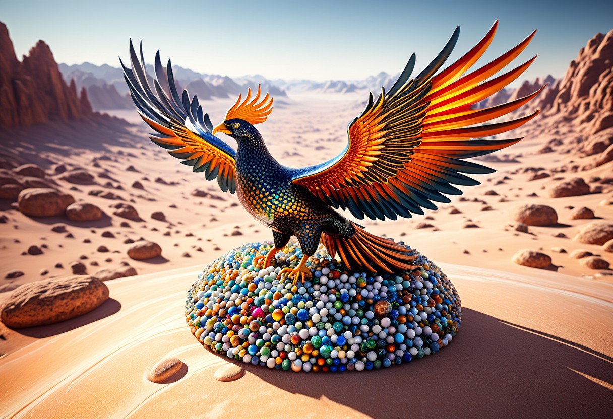 lazypos, made of marbles, exotic and primordial scenery on a distant world, a phoenix flying