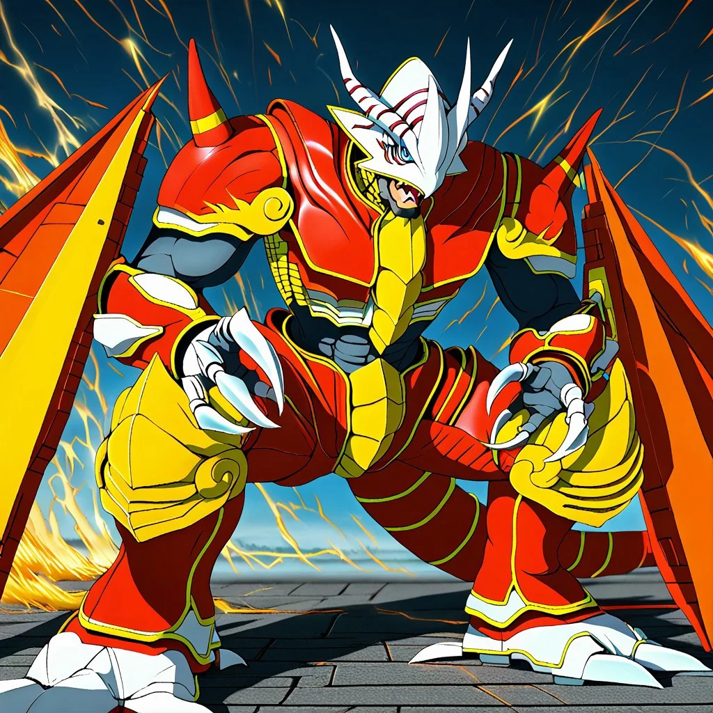 High quality, good shots, anime, 8K, masterpiece, beautiful, sharp focus, crisp details, masterclass, 1boy, solo, Vritra2.0, (Vritramon, Digimon:1.4), dragon, , Helmet, Armor, Horns, Gauntlets, tail, blue eyes, open mouth, tongue,  Muscular, muscles with visible veins, Black inner body, (powerful composition, powerful movement, powerful scene, looking at viewer,Cool pose:1.5),