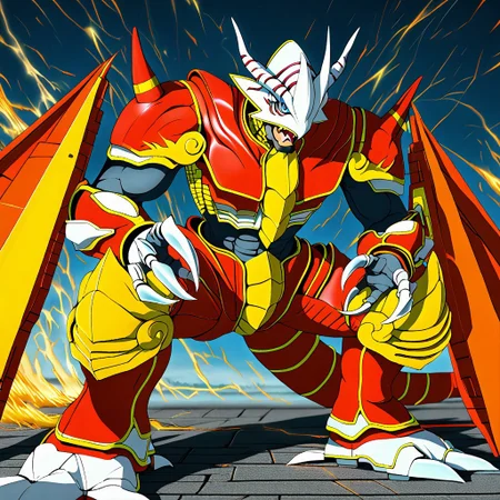High quality, good shots, anime, 8K, masterpiece, beautiful, sharp focus, crisp details, masterclass, 1boy, solo, Vritra2.0, (Vritramon, Digimon:1.4), dragon, , Helmet, Armor, Horns, Gauntlets, tail, blue eyes, open mouth, tongue,  Muscular, muscles with visible veins, Black inner body, (powerful composition, powerful movement, powerful scene, looking at viewer,Cool pose:1.5),
