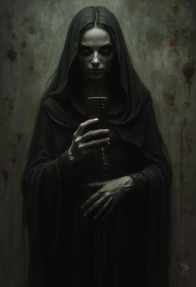 Full length view. Selfie from hell. sinful soul. Zhgnshina, a dark, gloomy creepy character, a sinful soul, unimaginable horror in her eyes. A muted palette and dry brush technique that creates a nightmare feeling in the style of Andrew Wyeth, Mark Powell, Keith Thompson, Zdzislaw Beksiński, Wayne Barlow, Dariusz Zawadzki, Aykut Aydoğdu, dark theme, otherworldly theme, deviant art masterpiece, dark illustration, exceptional quality, extremely detailed, super detailed face, despair, dark dark scary. photorealism, ultra-detailed