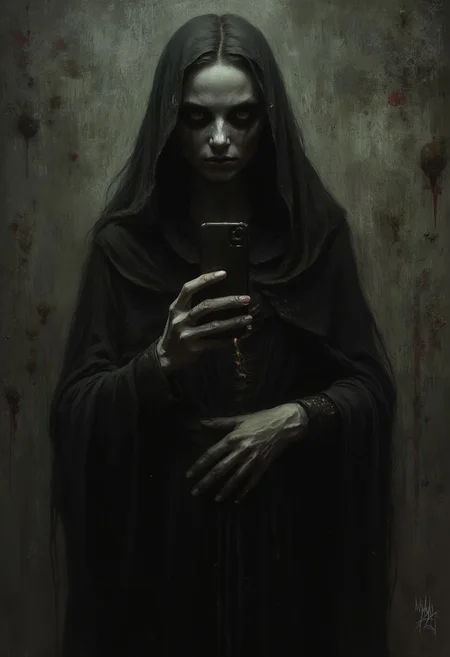 Full length view. Selfie from hell. sinful soul. Zhgnshina, a dark, gloomy creepy character, a sinful soul, unimaginable horror in her eyes. A muted palette and dry brush technique that creates a nightmare feeling in the style of Andrew Wyeth, Mark Powell, Keith Thompson, Zdzislaw Beksiński, Wayne Barlow, Dariusz Zawadzki, Aykut Aydoğdu, dark theme, otherworldly theme, deviant art masterpiece, dark illustration, exceptional quality, extremely detailed, super detailed face, despair, dark dark scary. photorealism, ultra-detailed