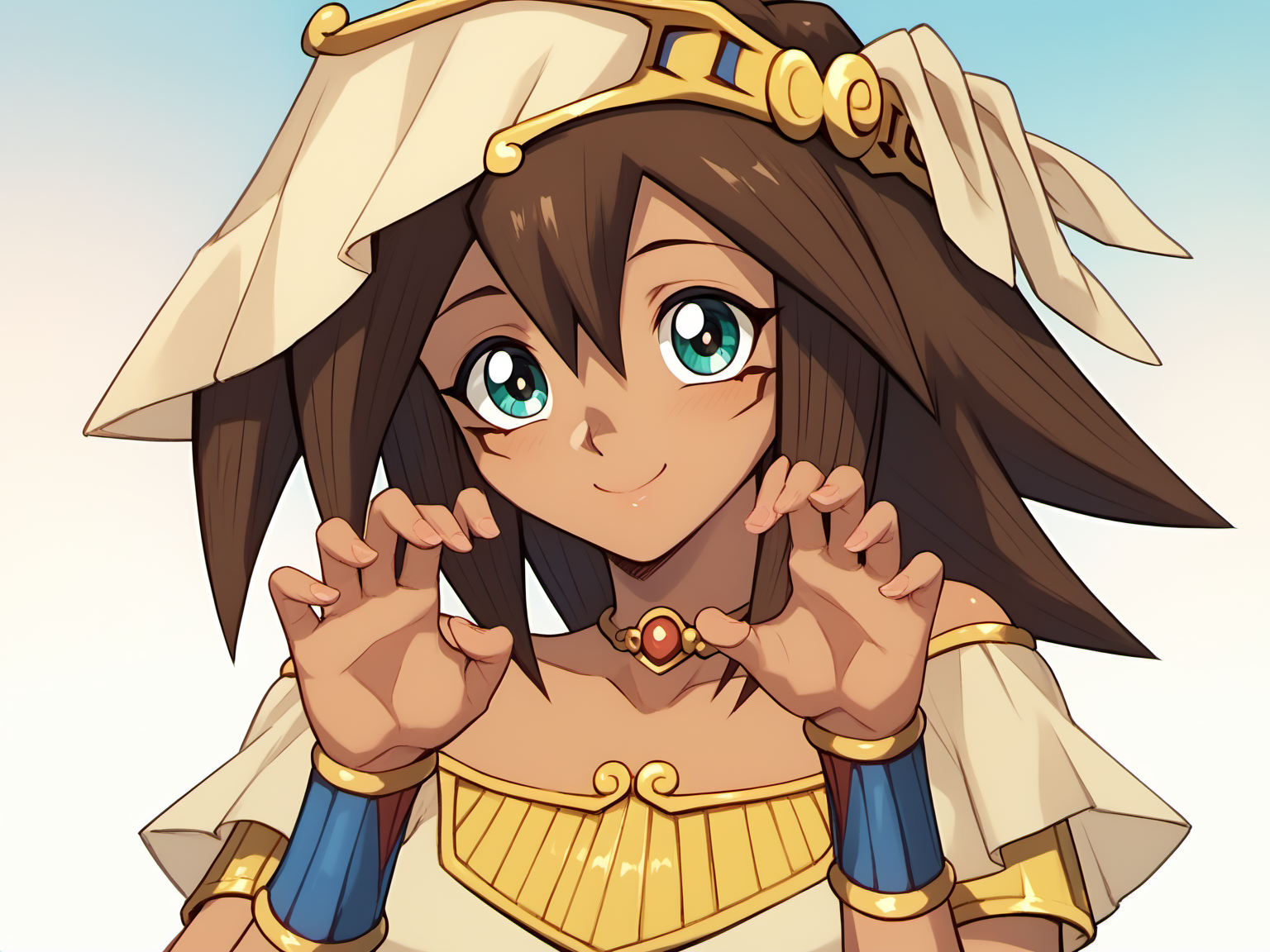 Mana, 1girl, dark skin, score_8_up,  score_7_up, brown hair, light smile, Egypt <lora:ManaSDXLPony-8-8-c-Test:0.9>, cute pose