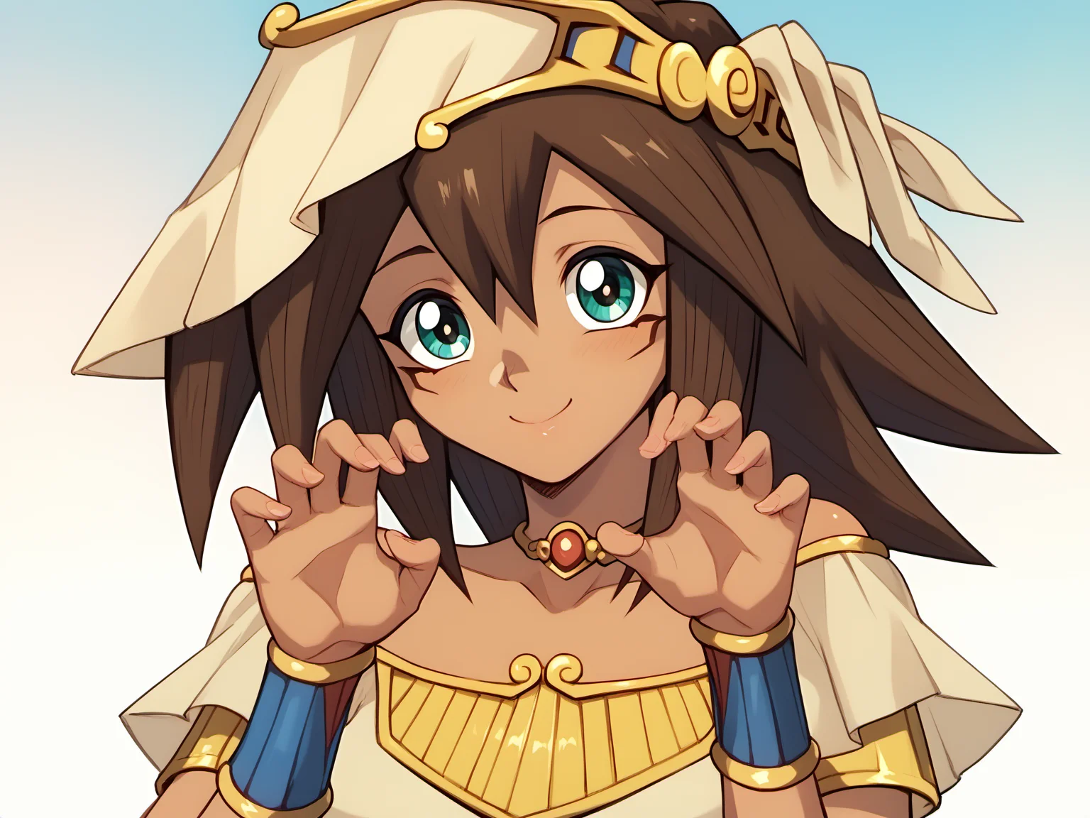 Mana, 1girl, dark skin, score_8_up, score_7_up, brown hair, light smile, Egypt <lora:ManaSDXLPony-8-8-c-Test:0.9>, cute pose