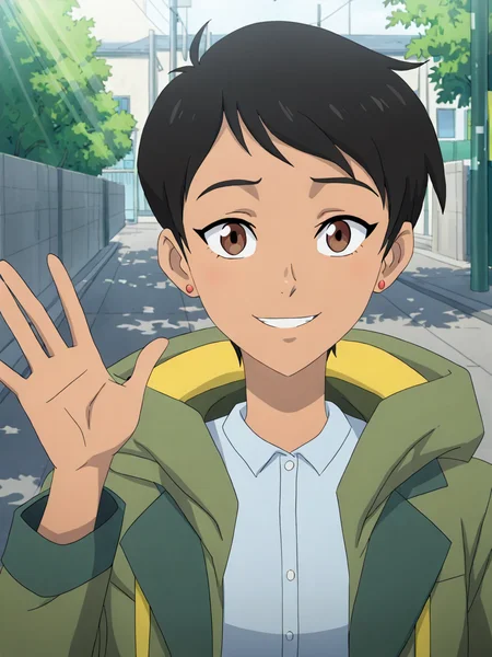 (masterpiece,best quality,newest,absurdres,highres),  L01sl4n3, 1girl, solo, short hair, black hair, brown eyes, white shirt, earrings, hood, green coat, outdoor, smile, upper body, raise left arm, day, outdoor, waving, looking at viewer, sunlight, shadows, natural lighting, sunlight, light particles, light rays, sunbeam, dappled sunlight <lora:Lois_Lane_IllustriousXL:0.8>