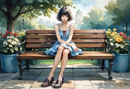 score_9, score_8_up,score_7_up, score_6_up, score_5_up, score_4_up, watercolor painting of
cute girl in yellow.sundress, black bangs, red lipstick, white skin
((Sitting on a bench in a park),
(Slender body smooth),ng_deepnegative_v1_75t, easynegative, negative_hand, ArsMJStyle, Watercolor, shoe dangle, loafers