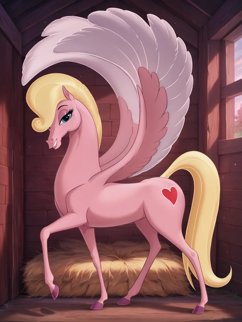 score_9, score_8_up, score_7_up, toon \(style\),ultra high quality,ultra high resolution,ultra ,full body, seductive, very realistic,(extremely detailed), detailed background,,(masterpiece, best quality, high quality, highres, ultra-detailed),toon (style), flat color,cowboy shot, <lora:Pink_Pegasus_hercules_Pain_and_Panic:0.75> pp pegasus, pink fur, blonde hair, blonde tail, white wings, pegasus wings, pegasus, long eyelashes, cutie mark, red heart cutie mark, blue eyes, purple hooves,stable background,hay,hay on ground,wooden walls,red light,winking,hay covered ground,perfect face,perfect wings,folded wings,perfect fur,perfect hooves,