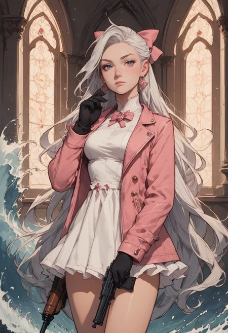 Expressiveh, score_9, score_8_up, score_7_up, masterpiece, best quality, good quality, very aesthetic, absurdres, newest, carlotta (wuthering waves), wuthering waves, 1girl, ahoge, black gloves, blue eyes, bow, breasts, closed mouth, dress, earrings, gloves, gun, hair bow, hand up, holding, holding gun, holding weapon, indoors, jacket, jewelry, long hair, looking at viewer, medium breasts, parted bangs, pink bow, pink jacket, rifle, short dress, solo, thighs, very long hair, weapon, white dress, white hair
