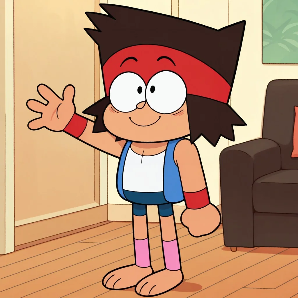 masterpiece, best quality, amazing quality, kaiok, male, human, young, solo, tan skin, brown hair, black eyes, barefoot, short, red headband, red wristbands, blue sleeveless jacket, white tank top, blue shorts, pink legwarmers, standing, smile, waving hi, indoors living room