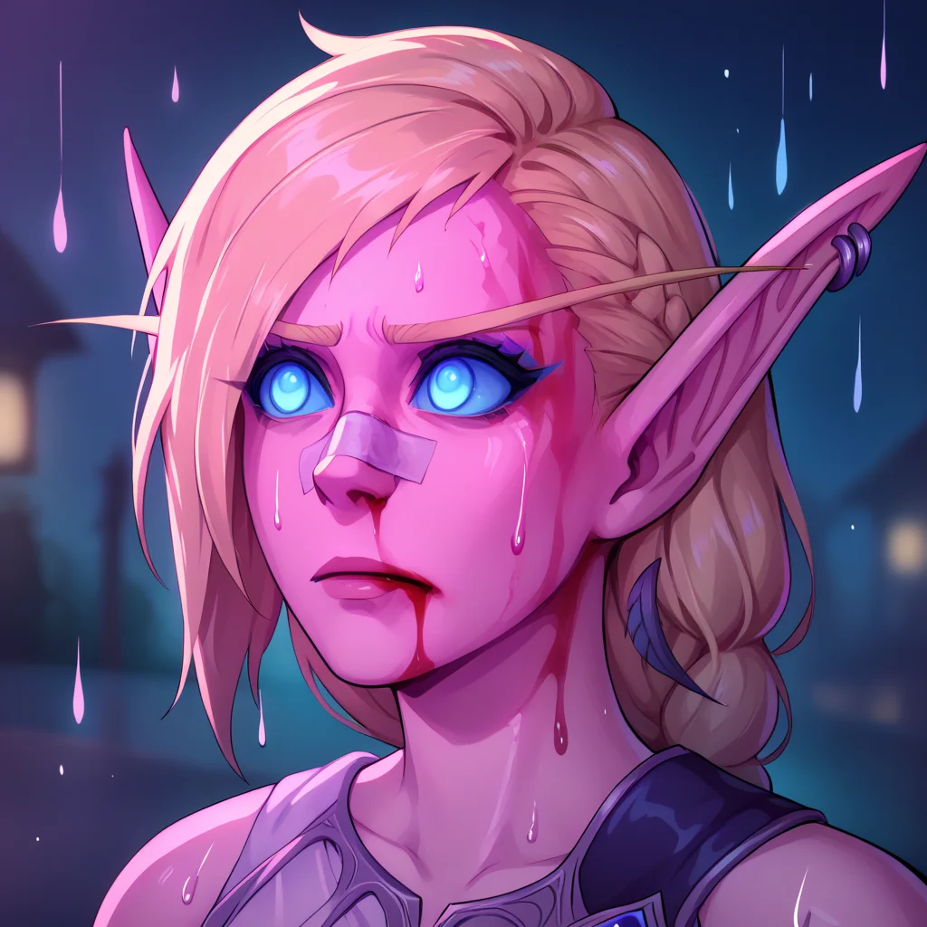 score_9, score_8_up, score_7_up, BREAK
1girl, alleria, blonde hair, braid, long hair, blue eyes, blue sclera, earrings, elf, no pupils, pointy ears,
portrait, blood on face, bandaid on nose,blurry background, pink lighting, night, dark, pink theme, rain <lora:YouLookLonelyXL_byKonan:1> <lora:AlleriaXL_byKonan:1>