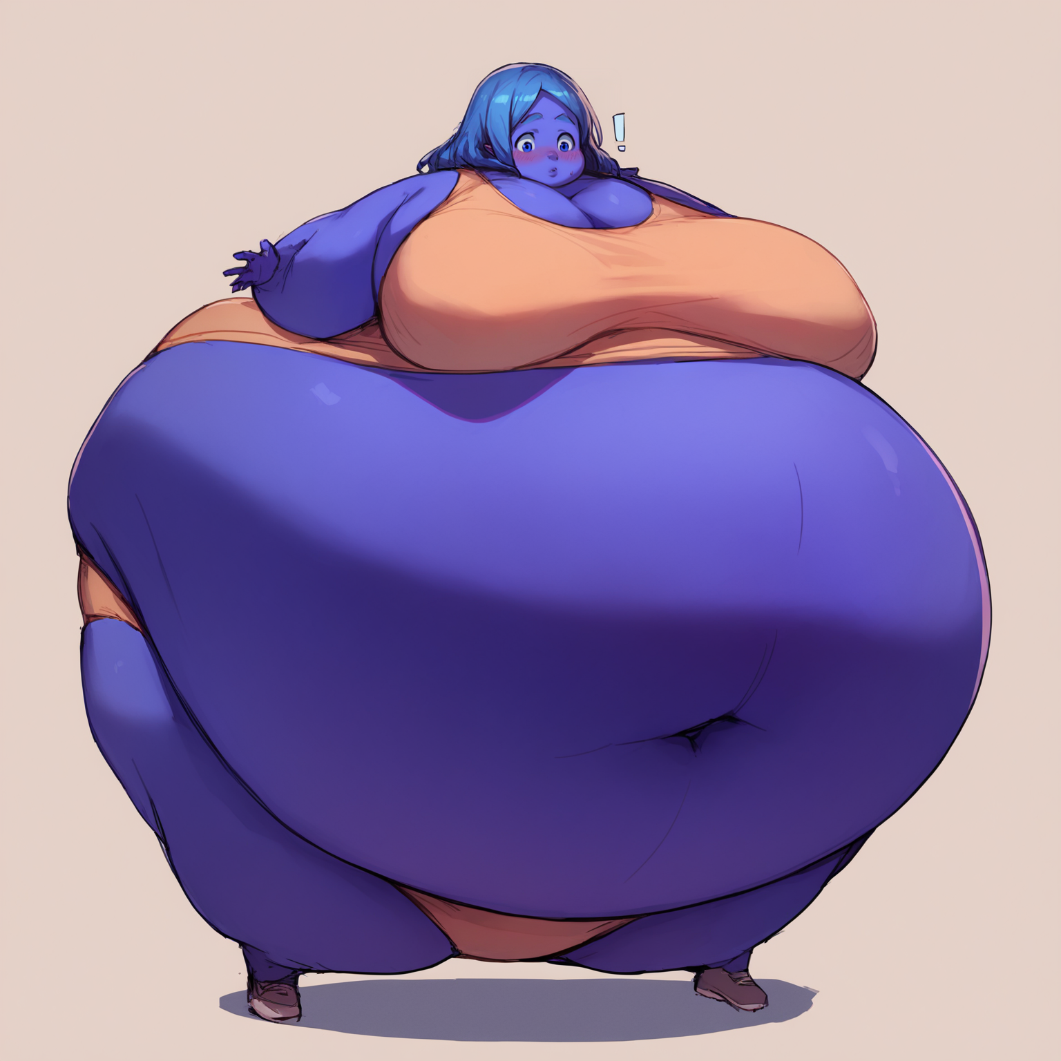 <lora:blueberry_pony_01a05-000019:1>
source_anime, score_9, score_8_up, score_7_up,
solo, 1girl, hyper blueberry inflation, spherical inflation, colored skin, purple skin, inward arms, inward legs, full body, simple background, blush, 
surprised, weight conscious, blue eyes, blue hair, navel, midriff, crop top, taut clothes, panties, sagging breasts