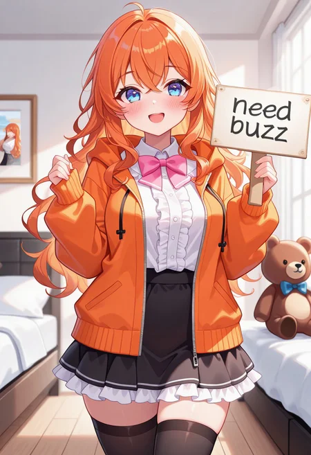 32k uhd, (masterpiece:1.2), (best quality:1.2), (very aesthetic:1.2), (absurdres:1.2), (detailed background),newest, 1girl, cute, short girl, petite, ((breast ,medium breast)), cowboy shot, shirt, skirt, blush, standing, sweater jacket, orange jacket, hooded jacket, thighhigh, black thighhigh, white shirt, frills, center frill, frilled shirt, frilled skirt, stuffed bear, black skirt, miniskirt, pink bowtie, orange hair, wavy hair, long hair, crossed bangs, (blue eyes), morning , indoor, luxury bedroom, modern bedroom, smile, open mouth, need_buzz, holding sign