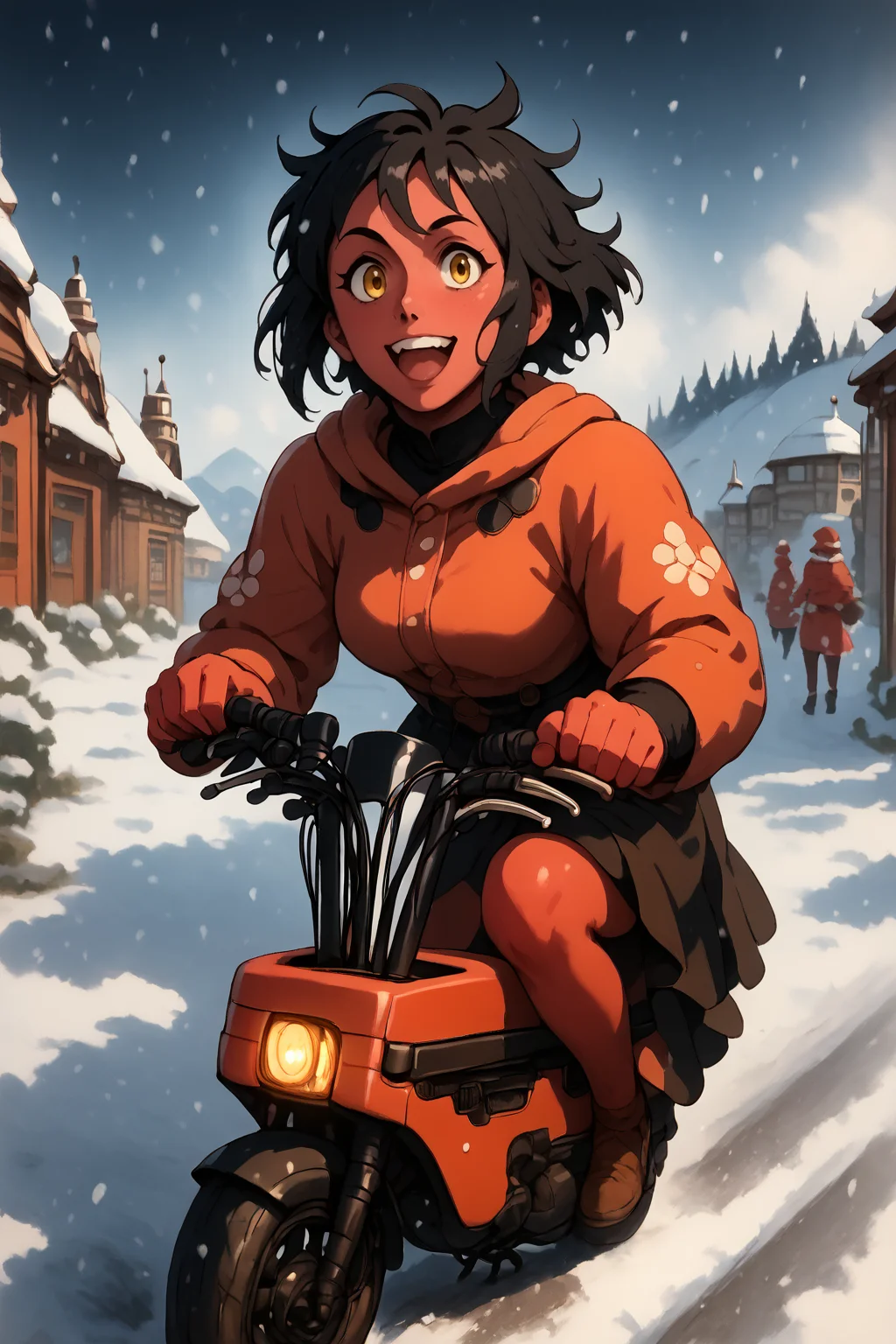 red skin, black hair, yellow eyes, happy, cheerful. <lora:RD-MAnon-XLV1.1:1>, inf front of a café looking out over a artic snow field, ((motocompo)), solo, standing, behind <lora:motocompo_detailed:1.5> ground vehicle, riding motocompo, , source_anime, score_9_up, score_7_up, score_8_up