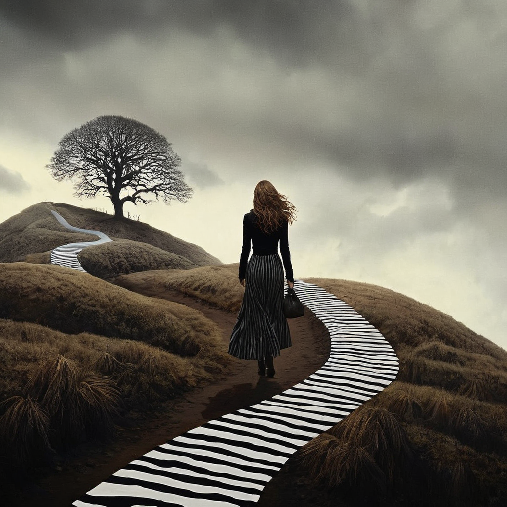 Dark Fantasy Art of  <lora:Dark Art Painting Style:1>
a painting of a woman walking down a striped hill dark art painting style, dark, moody, dark fantasy style