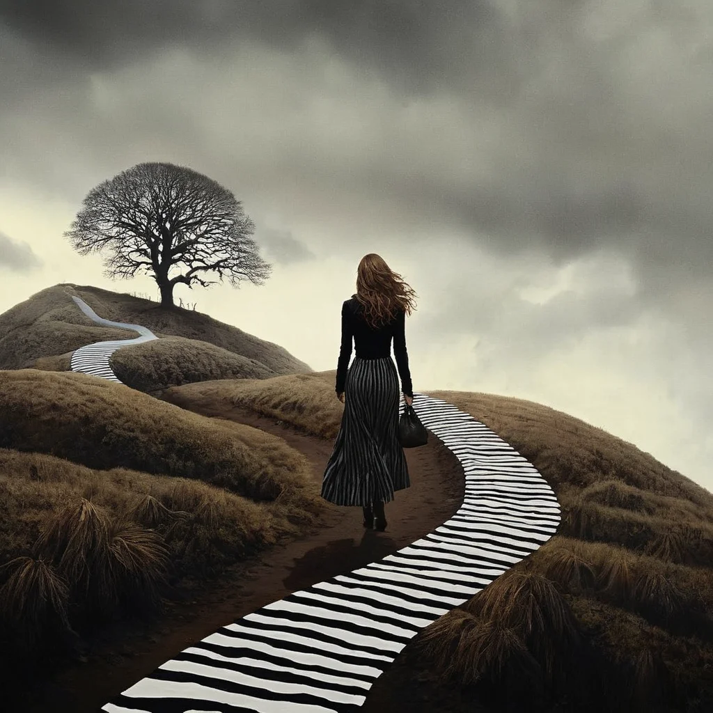 Dark Fantasy Art of  <lora:Dark Art Painting Style:1>
a painting of a woman walking down a striped hill dark art painting style, dark, moody, dark fantasy style