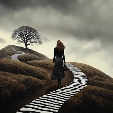 Dark Fantasy Art of  <lora:Dark Art Painting Style:1>
a painting of a woman walking down a striped hill dark art painting style, dark, moody, dark fantasy style