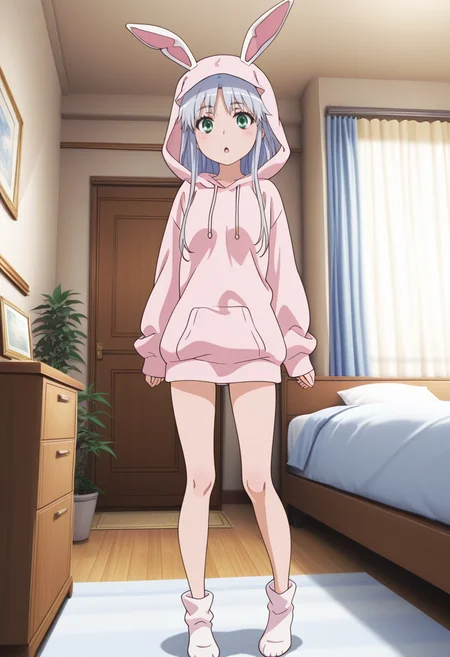 newest, masterpiece, best quality, 4k,
indoors,bedroom, very aesthetic, detailed background, full body,
1girl, solo, <lora:Index:1> 1ndex, index (toaru majutsu no index), grey hair, long hair, green eyes,pink hoodie, hood up, fake animal ears, rabbit ears,looking at viewer, :O