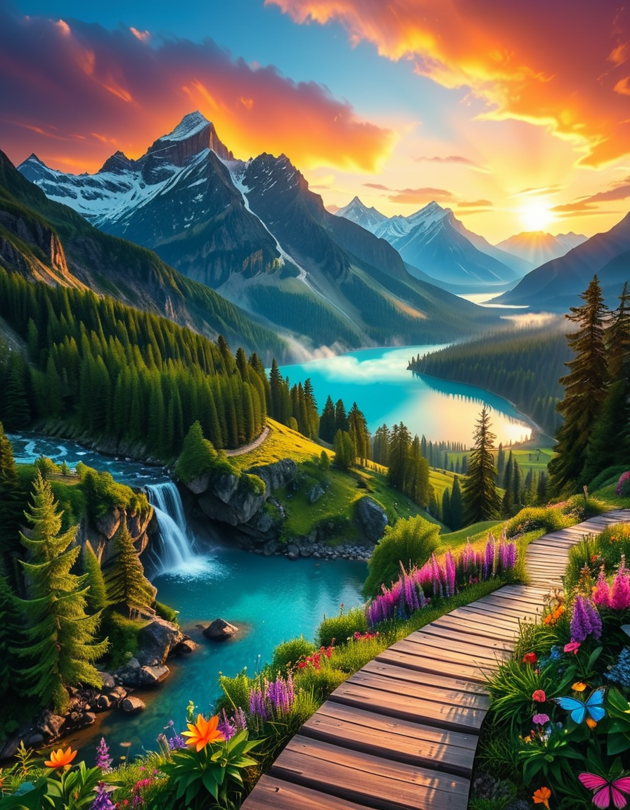 A breathtaking, high-resolution photograph of the most beautiful place on Earth, where natureâs wonders blend in perfect harmony. Towering, snow-capped mountains rise majestically in the background, their peaks glowing under the golden hues of a setting sun. Below, a crystal-clear turquoise lake reflects the colors of the sky, surrounded by lush, green forests filled with ancient trees, vibrant wildflowers, and cascading waterfalls. A soft mist rises from the valley, adding a dreamlike quality to the scene. In the distance, rolling meadows stretch toward the horizon, dotted with colorful flowers and serene wildlifeâgraceful deer grazing, birds soaring in the sky, and butterflies dancing in the breeze. A wooden footpath winds through the landscape, leading to a secluded, tranquil spot where the beauty of nature can be fully admired. The air is crisp and filled with the soothing sounds of rustling leaves, flowing water, and distant birdsong. The sky above is a masterpiece of colorsâdeep oranges, purples, and pinks blending seamlessly as the sun sets, casting a magical glow over this untouched paradise. The atmosphere is peaceful, awe-inspiring, and filled with a deep sense of wonder and tranquility, as if stepping into a perfect dream.
<lora:SDXLFaeTastic2400:0.4> <lora:extremely_detailed:0.4> extremely detailed, <lora:Earth_P4r4d1s3:1>,Earth P4r4d1s3, Masterpiece,best quality,hi res,8k,hi res,8k,award winning,(sharp focus, intricate, highly detailed),