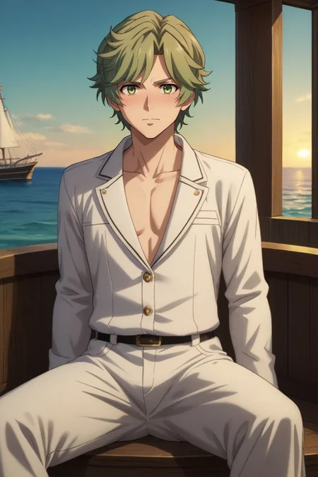 score_9, score_8_up, score_7_up, source_anime, rating_safe, intricate details, anime screencap, anime coloring, official style, looking at viewer, depth of field, 1boy, solo, male focus, <lora:itsuki_kawasumi_pony:0.84>, itsuki_kawasumi, green hair, green eyes, cowboy shot, boat, ship, night, crescent moon, spread legs, embarrassed, nose blush, , <lora:sdxl_lightning_8step_lora:1>