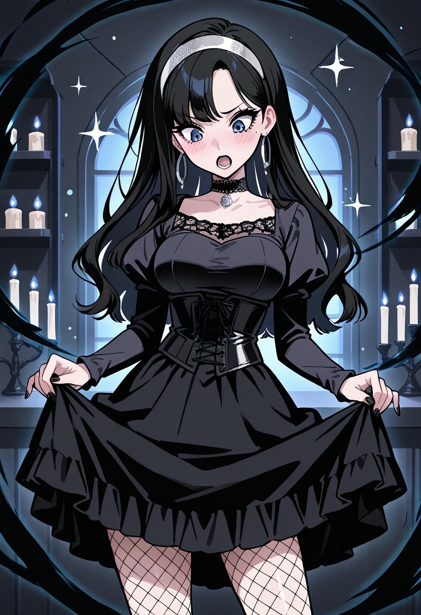 score_9, score_8_up, score_7_up, Sensitive rating, urban setting, intricate colors, Flat vector, illustration, 
1female, solo, Gothic woman, (pale skin:0.7). smooth skin, goth cosmetics., blue eye color, black lipstick, black fingernails, black Eye shadow, eyelashes, furrowed brow, mole_under_eye, hoop_earring, lip piercing, choker, looking down, looking at self, (embarrassed and surprised), open mouth, head tilted, tilted to the side, skirt hold, contrapposto,
Black hair, long hair, curls in hair, no bang,
Silver hairband, Black Long_Sleeves Dress, black corset, fishnet pantyhose, Medium breasts, constricted waist, curves,
cellar background, candles, limited light, masterpiece, best shadow, sharp focus, sparkle, shiny particles, erosmagicaura, (black magic aura),