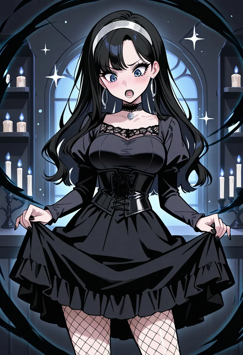 score_9, score_8_up, score_7_up, Sensitive rating, urban setting, intricate colors, Flat vector, illustration, 
1female, solo, Gothic woman, (pale skin:0.7). smooth skin, goth cosmetics., blue eye color, black lipstick, black fingernails, black Eye shadow, eyelashes, furrowed brow, mole_under_eye, hoop_earring, lip piercing, choker, looking down, looking at self, (embarrassed and surprised), open mouth, head tilted, tilted to the side, skirt hold, contrapposto,
Black hair, long hair, curls in hair, no bang,
Silver hairband, Black Long_Sleeves Dress, black corset, fishnet pantyhose, Medium breasts, constricted waist, curves,
cellar background, candles, limited light, masterpiece, best shadow, sharp focus, sparkle, shiny particles, erosmagicaura, (black magic aura),