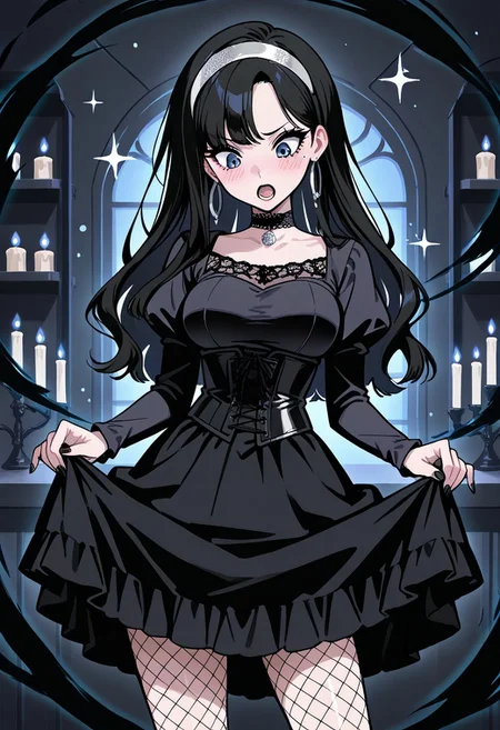 score_9, score_8_up, score_7_up, Sensitive rating, urban setting, intricate colors, Flat vector, illustration,
1female, solo, Gothic woman, (pale skin:0.7). smooth skin, goth cosmetics., blue eye color, black lipstick, black fingernails, black Eye shadow, eyelashes, furrowed brow, mole_under_eye, hoop_earring, lip piercing, choker, looking down, looking at self, (embarrassed and surprised), open mouth, head tilted, tilted to the side, skirt hold, contrapposto,
Black hair, long hair, curls in hair, no bang,
Silver hairband, Black Long_Sleeves Dress, black corset, fishnet pantyhose, Medium breasts, constricted waist, curves,
cellar background, candles, limited light, masterpiece, best shadow, sharp focus, sparkle, shiny particles, erosmagicaura, (black magic aura),