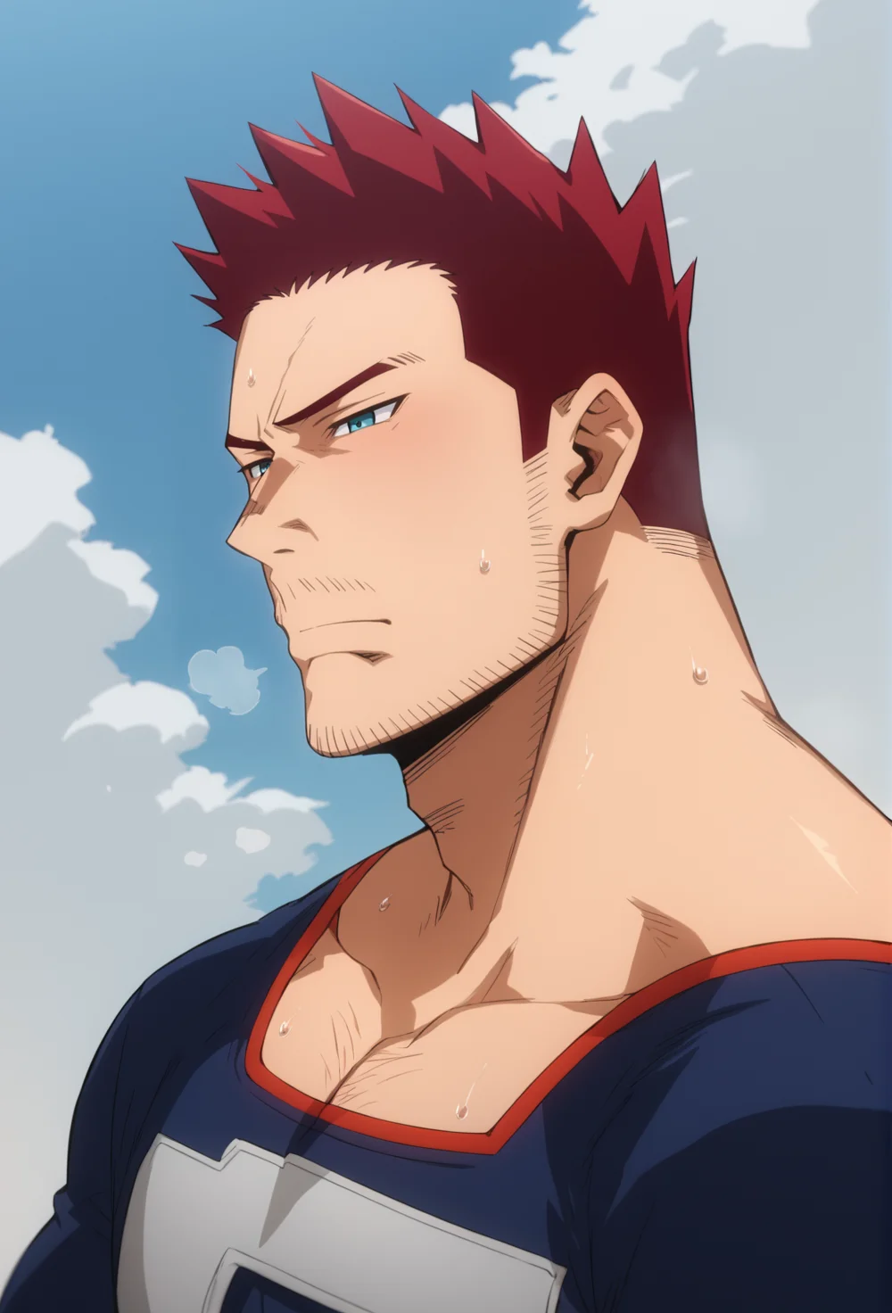 yami sukehiro,score_9, score_8_up, score_7_up, score_6_up,, heavy breath. sweat,, blue sky background,, <lora:Bara-Variety:1> <lora:Expressive_H:1>,, 1 boy, bara, endeavor, enji, facial hair, male, manly, mature, muscular, old man, red hair, scar on left eye, short hair, sky blue gradient eyes, <lora:Todoroki_enji_Endeavor:0.85>