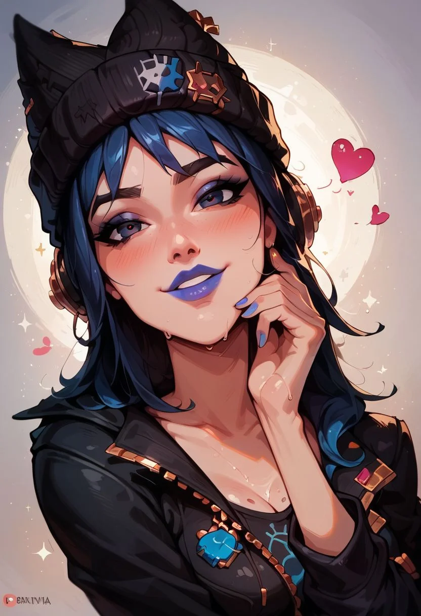score_9, score_8_up, score_8, score_9, professional portrait, hope_fortnite, seductive face, love face, sparkle, love, heart, blue hair, beanie, head resting on hand, pyjama, relax cloth, hoodie, blue lipstick, looking at viewer, tilted head, smiling, close picture, posing, posing at an angle, dynamic sexy pose, medium breasts, medium perfect round breasts, toned body, cute face, very sexy, very cute, adorable, shiny skin, wet skin, volumetric lighting, aesthetic design, dramatic angle, dramatic framing, cinematic framing,