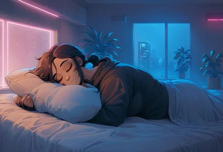 score_9,score_8_up,score_7_up,score_6_up, 1girl,
sleeping in bed next to a large window, eyes closed, sleeping, steaming coffee cup on windowsill, wearing croptop hoodie, black croptop hoodie, long hair, black hair, low ponytail hairstyle, head resting on pillow, laying on the bed, hoodie, plants on the windowsill, facing viewer, tidy bedroom, small room, cramped bedroom, teddies on the bed,, wearing legging, see through thights, black tights, cyberpunk city view out of the window, neon light, purple neon lights,