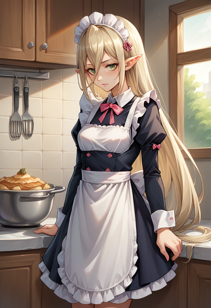 score_9, score_8_up, source_anime, 1girl, solo, Magilou, pointy ears, very long hair, hair between eyes, maid, maid headdress, maid apron, kitchen, <lora:ChamMagilouPonyXL:1>