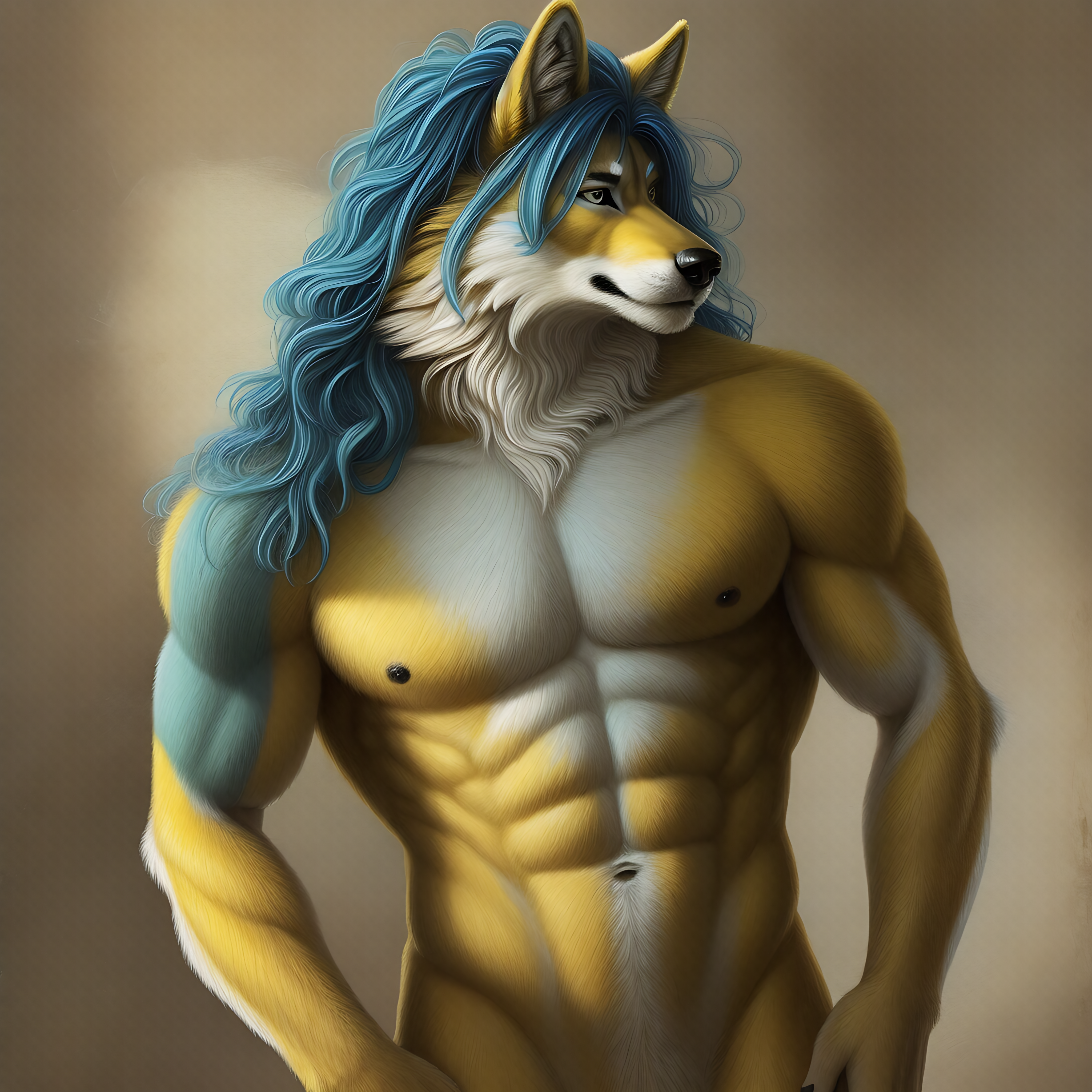 painting, realistic, furry cg vn, bara, realistic painting, solo,  male focus, abs, male nipple, furry, furry male, wolf face, wolf snout,  full body,  two-tone fur, yellow fur with blue tipped ends, muscular, abs, animal ears, wolf ears, wolf tail, shoulder length wavy curly blue hair,  blue hair, tail, calm ocean blue eyes,  male focus, fox ears, tattoo, fox tail, furry, furry male, fingerless gloves, black belt, silver belt buckle, black boots, dark brown open vest, dj headphones around neck,  gay pride neck bandana, foreskin, testicles, penis, erection, uncensored, laying in grass